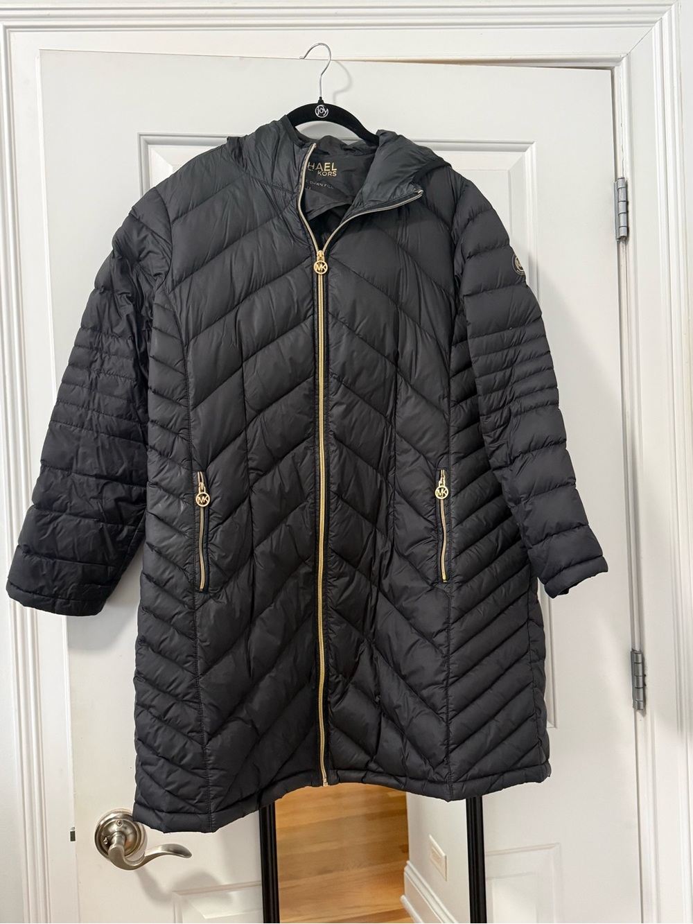 Michael Kors Black Quilted Hooded Mid-Length Puffer Coat with Gold Hardware